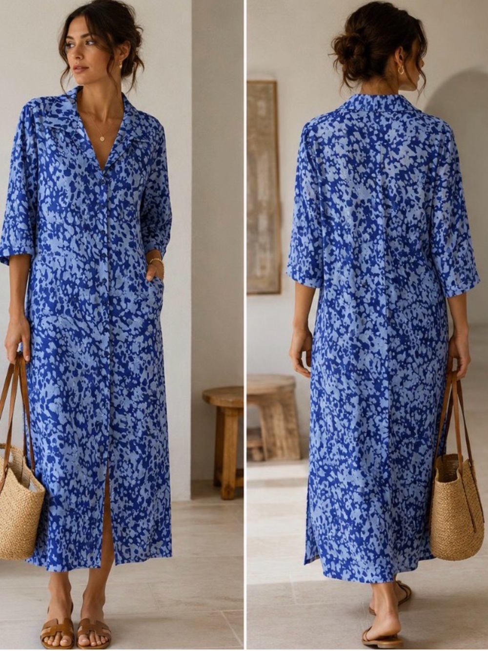 Blue Printed V-Neck Midi Dress - Unbranded